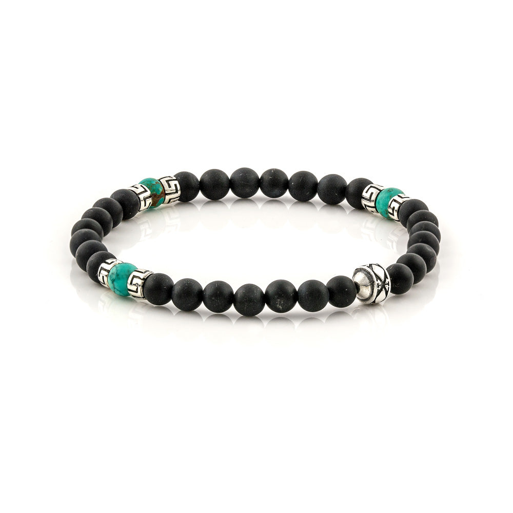 Βραχιόλι με Black Onyx και Turquoise χάντρες και ασημένιο σχέδιο μαιάνδρου