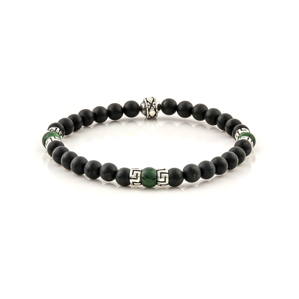 Βραχιόλι με Black Onyx και Hematite χάντρες και ασημένιο σχέδιο μαιάνδρου