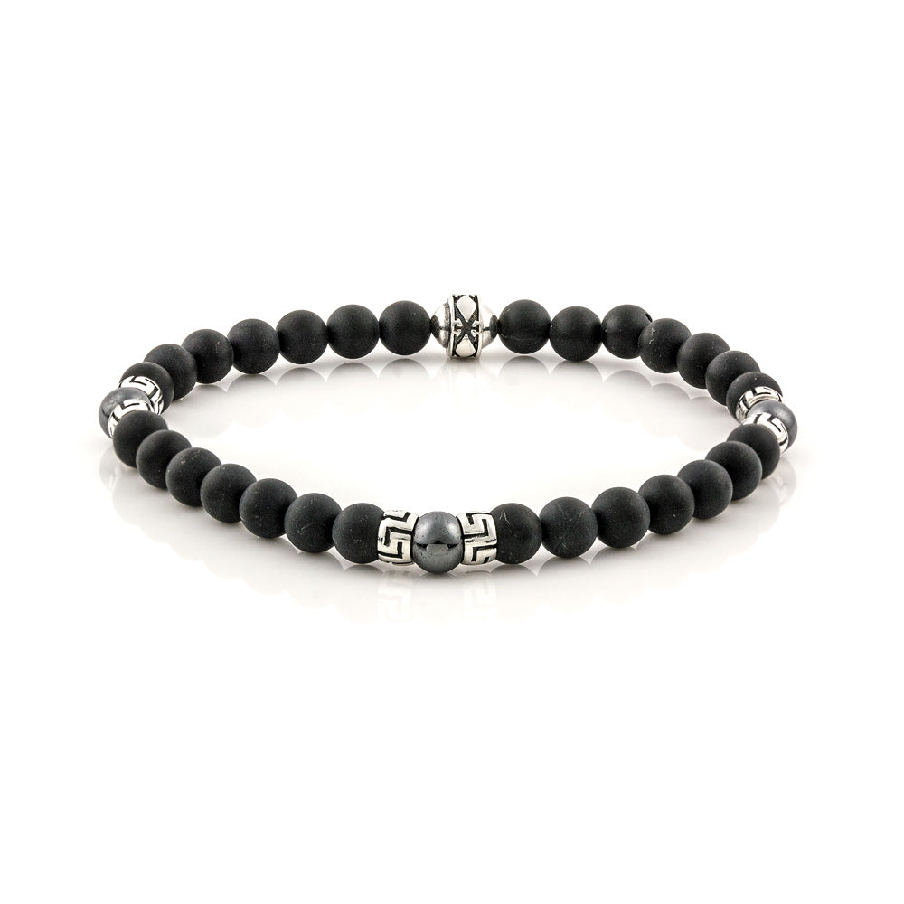 Βραχιόλι με Black Onyx χάντρες και ασημένιο σχέδιο μαιάνδρου