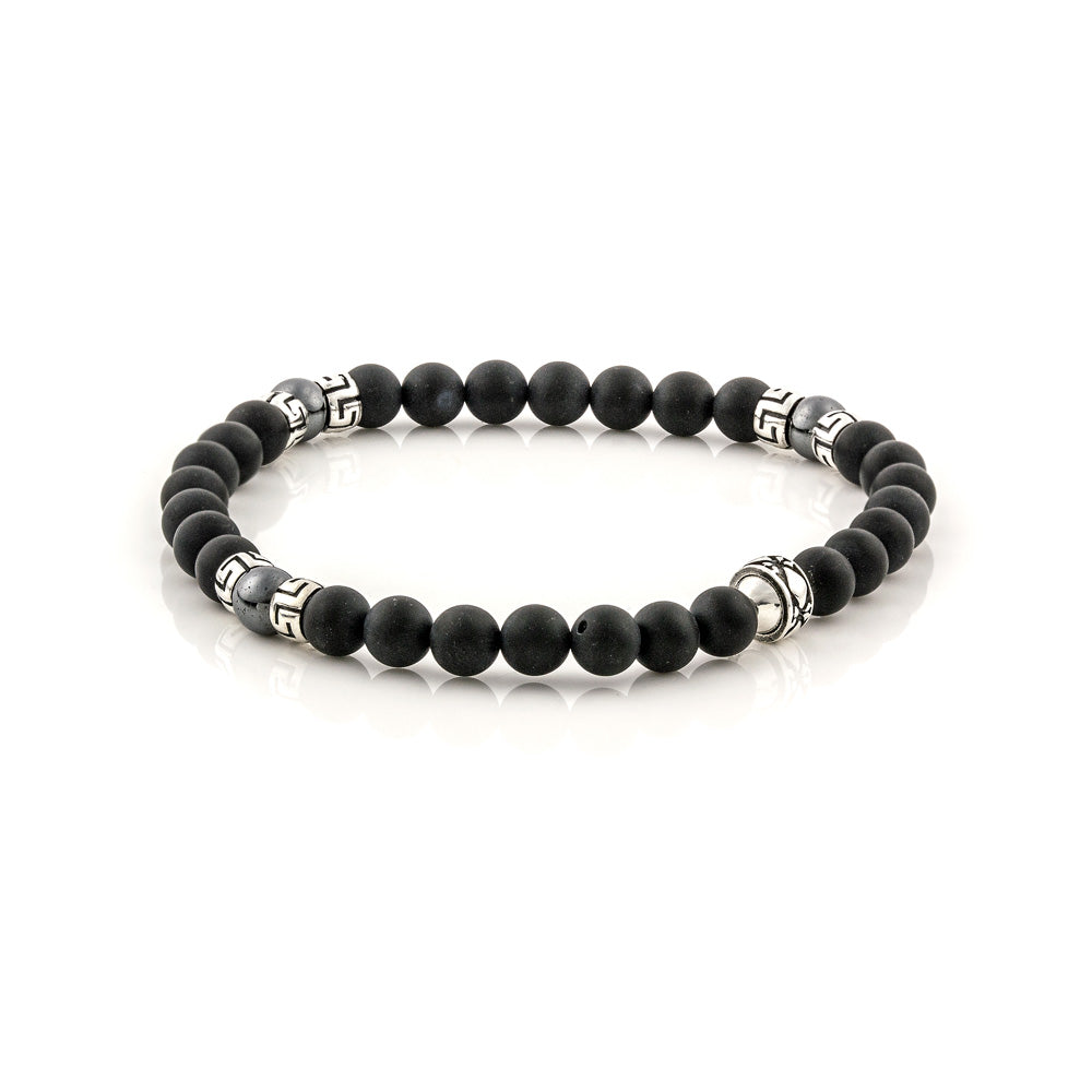 Βραχιόλι με Black Onyx χάντρες και ασημένιο σχέδιο μαιάνδρου