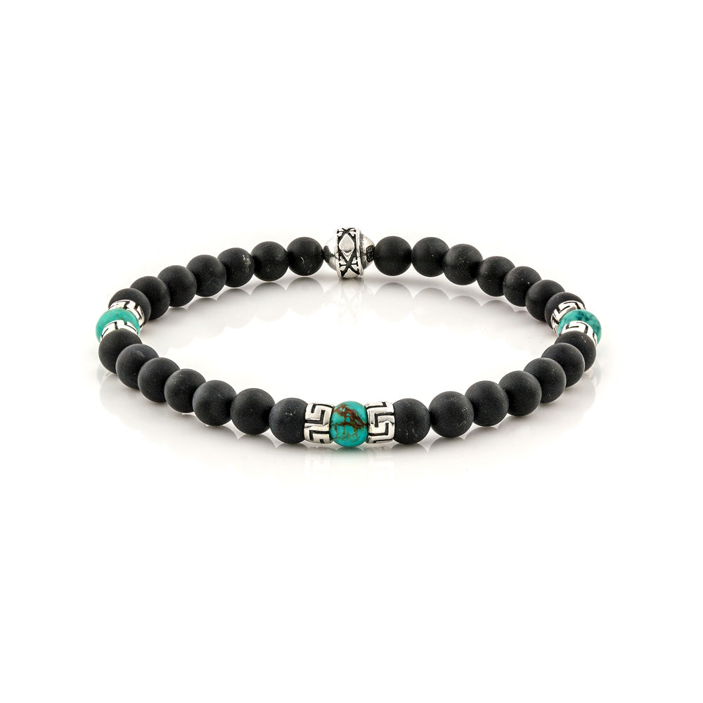 Βραχιόλι με Black Onyx και Turquoise χάντρες και ασημένιο σχέδιο μαιάνδρου