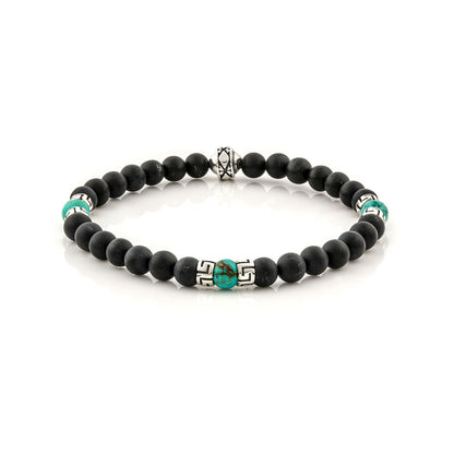 Βραχιόλι με Black Onyx και Turquoise χάντρες και ασημένιο σχέδιο μαιάνδρου