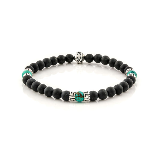 Βραχιόλι με Black Onyx και Turquoise χάντρες και ασημένιο σχέδιο μαιάνδρου