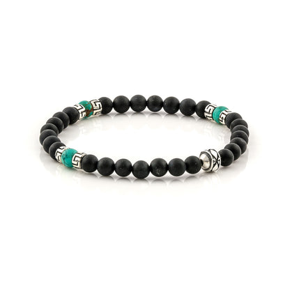 Βραχιόλι με Black Onyx και Turquoise χάντρες και ασημένιο σχέδιο μαιάνδρου