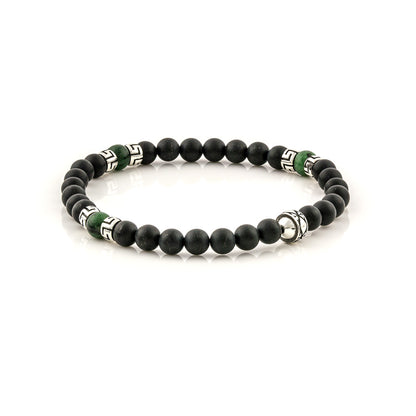 Βραχιόλι με Black Onyx και Hematite χάντρες και ασημένιο σχέδιο μαιάνδρου